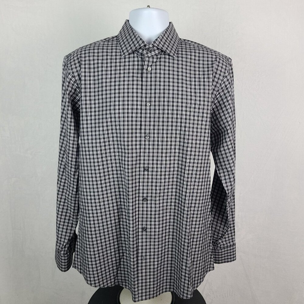 C2 by Calibrate Gray Check Button Down Dress Shirt Trim Fit 16.5